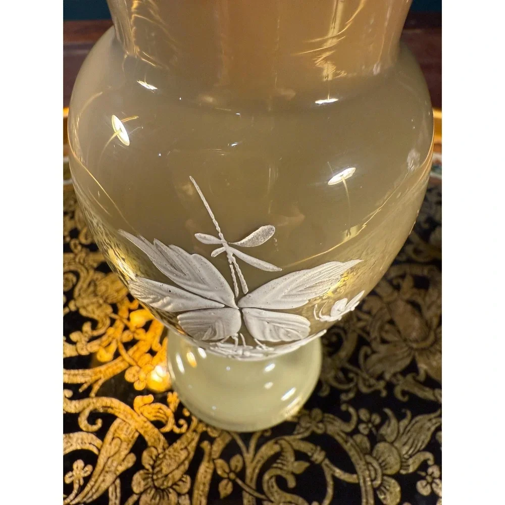 Vintage Hand-Painted Floral Glass‎ Vase: Tan Bristol Style, 7.5